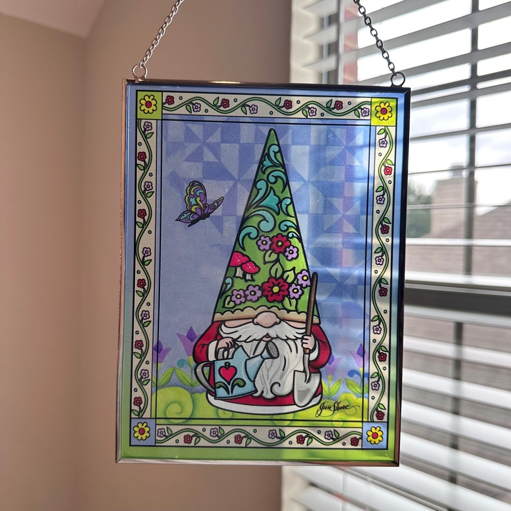 Jim Shore Heartwood Creek Garden Gnome Glass Suncatcher Hanging Decor 8x6